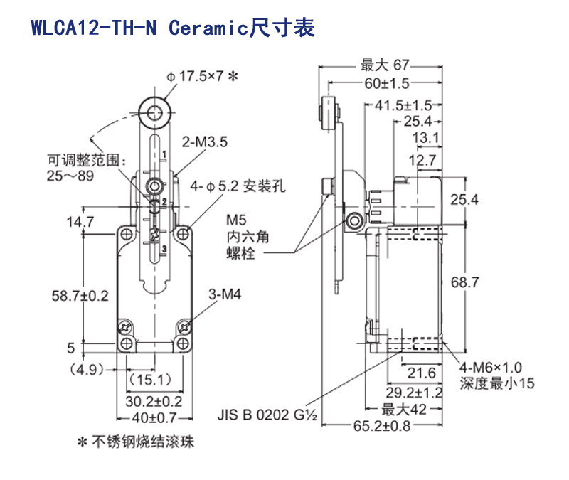 WLCA12-TH-N Cramic 尺寸表 标型号的